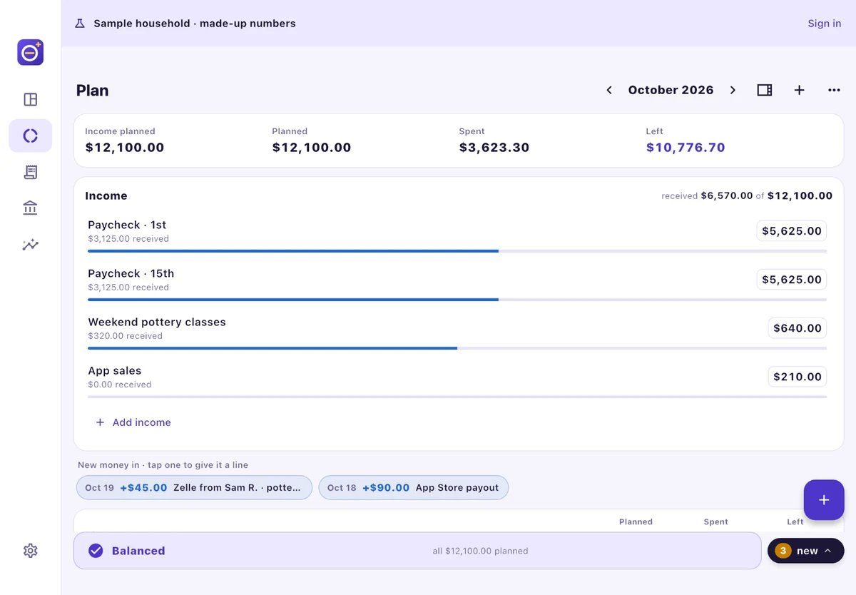 BudgetLab+ on iPad in landscape: the Plan with income lines, new money chips and the Balanced bar