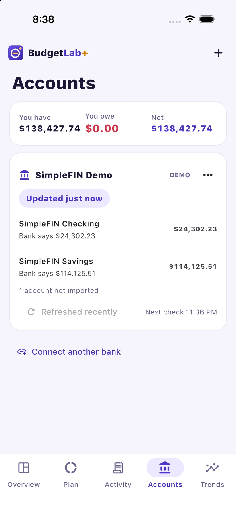 Accounts on iPhone after connecting SimpleFIN’s demo bank: checking and savings balances, updated just now