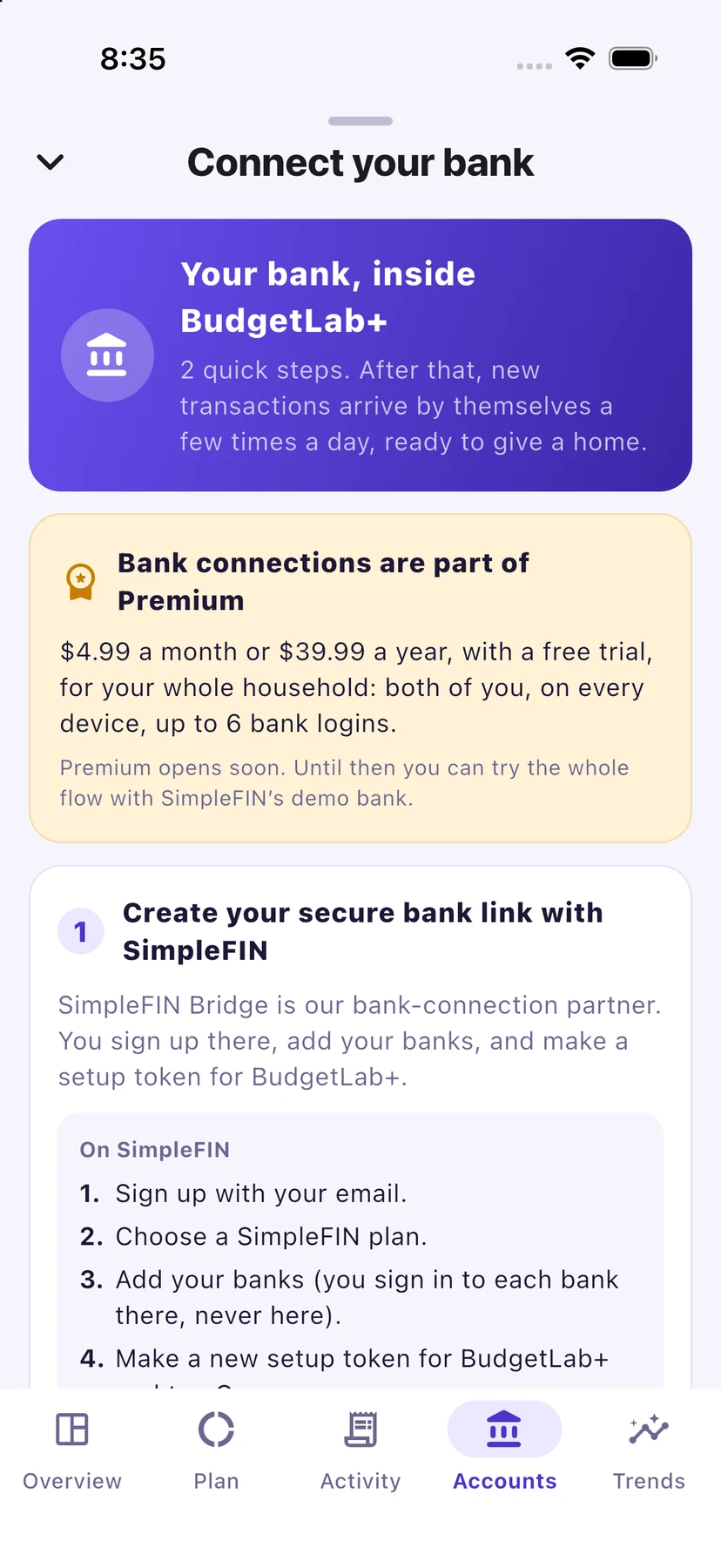 Connect your bank on iPhone: the steps to create a secure bank link with SimpleFIN, and the Premium note