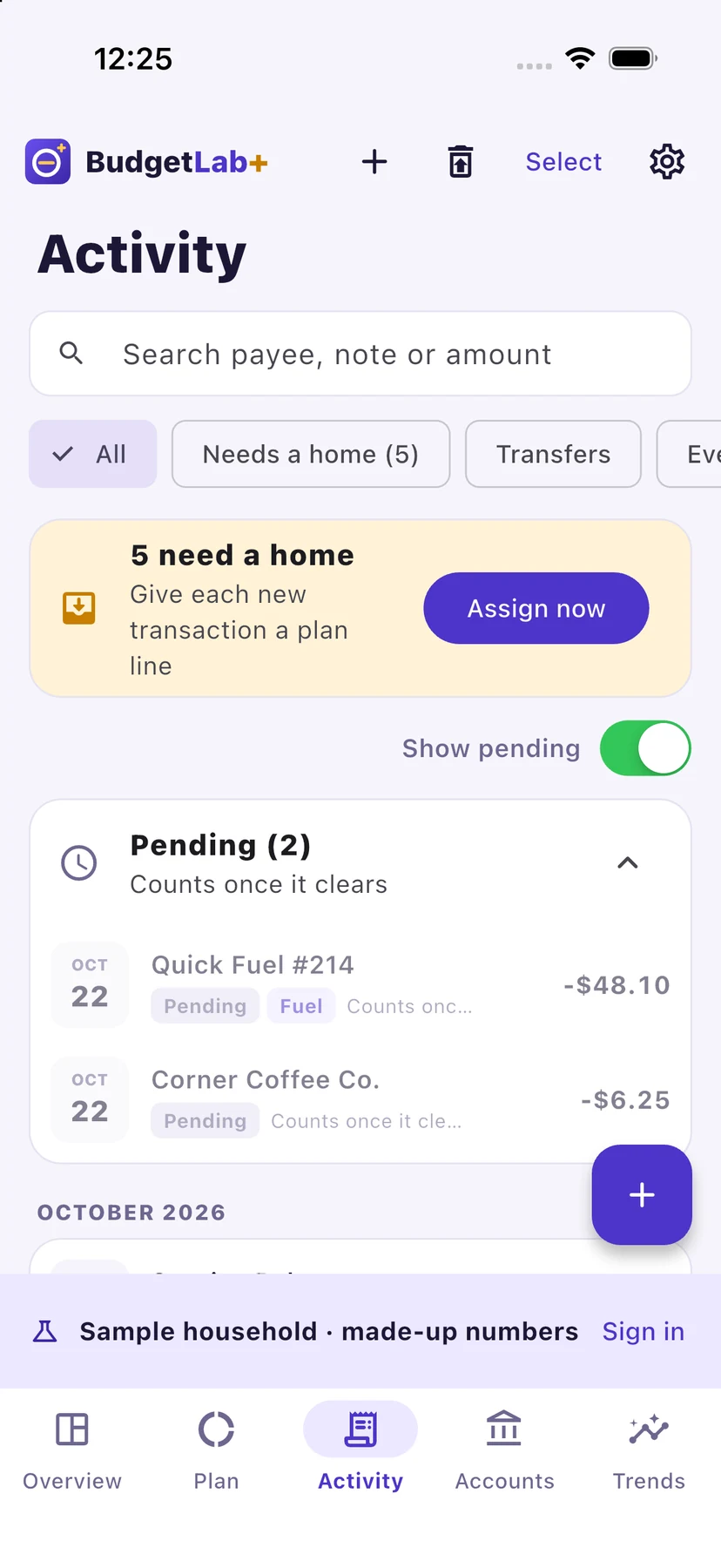 Activity on iPhone with a Pending (2) card, “Counts once it clears”, holding two greyed card purchases