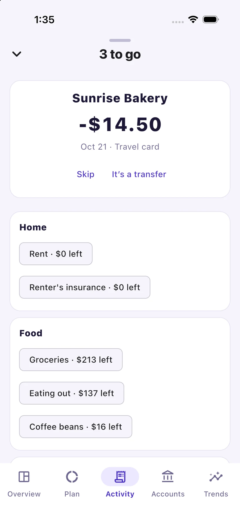 Quick assign on iPhone: “3 to go”, a $14.50 Sunrise Bakery purchase, and plan lines grouped under Home and Food, each showing what is left